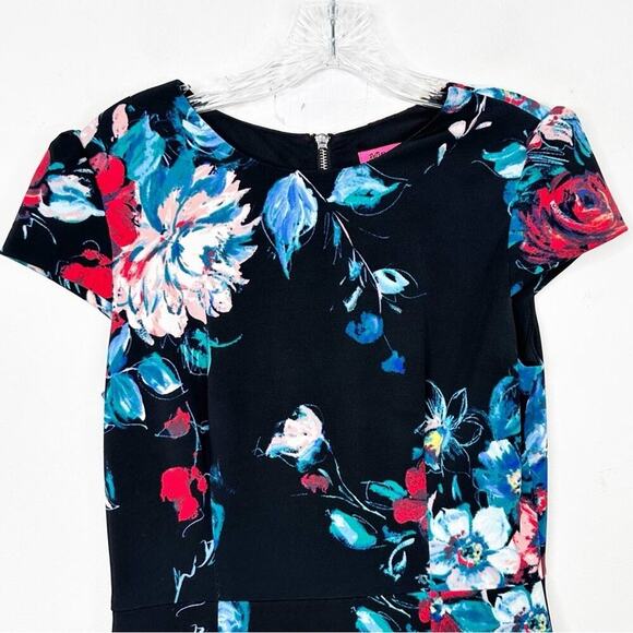 BETSEY JOHNSON | Floral Print Knit Stretch Midi Cap Sleeve Sheath Dress Sz. 6 - Picture 4 of 5